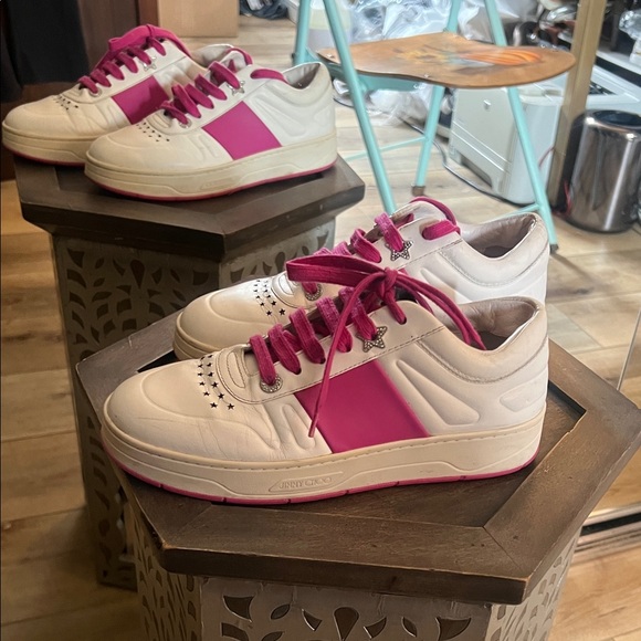 🛑 1 hour sale. Jimmy Choo, size 38 EU Hawaii Leather Strip Pink/ White Athletic - Picture 5 of 16